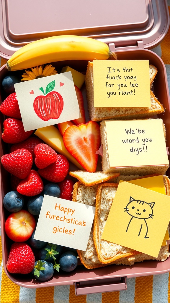 A colorful lunch box with fruits and drawings, ready for a delightful lunch.